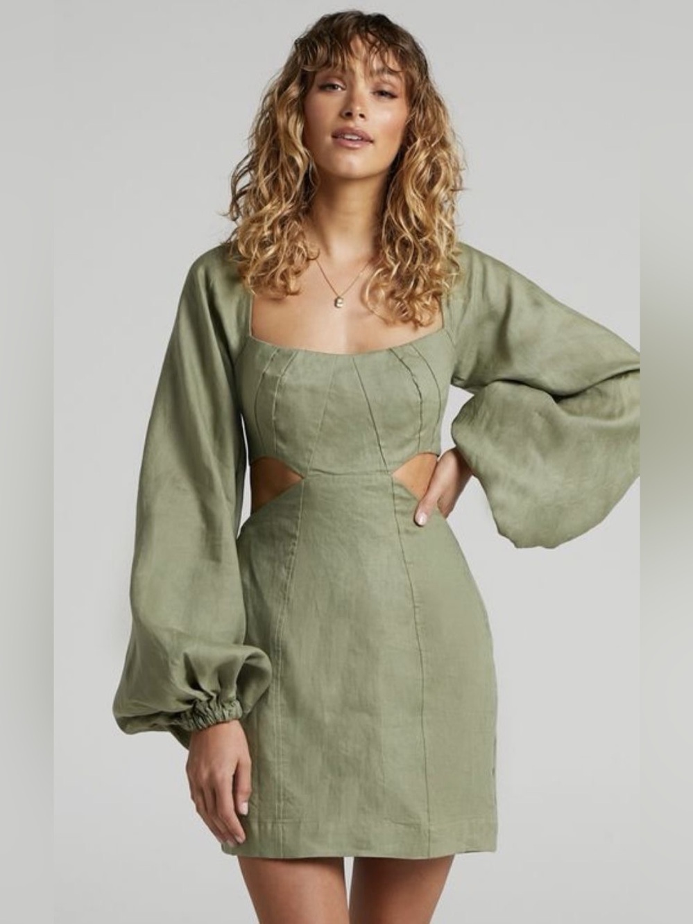 AMALIE THE LABEL - AILEEN LINEN BALLOON SLEEVE CUT OUT MINI DRESS IN SAGE